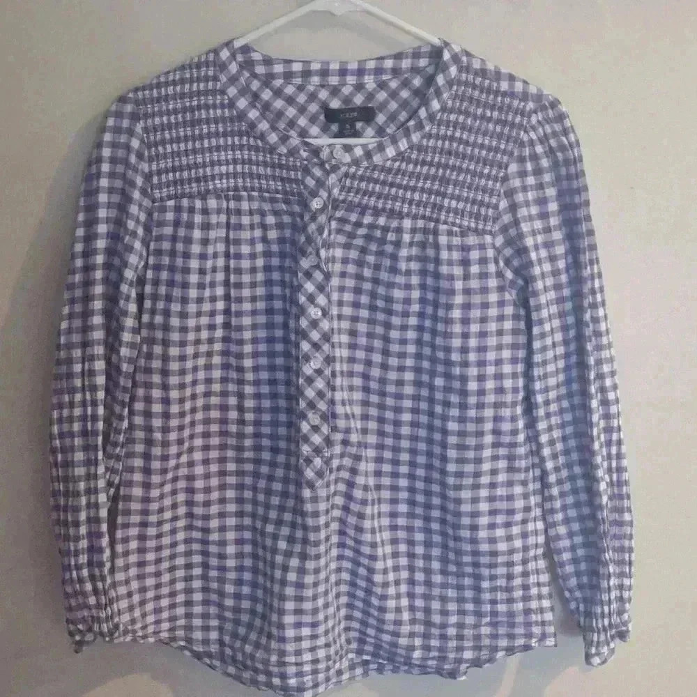 J. Crew Womens Small Purple and White Ginham Popover Long‎ Sleeve Top